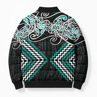 Turquoise Aotearoa Tukutuku Manawa Tapu Bomber Puffer Jacket Ta Moko Toi Maori - Polynesian Pride