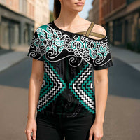 Turquoise Aotearoa Tukutuku Manawa Tapu Cross Shoulder Shirt Ta Moko Toi Maori - Polynesian Pride