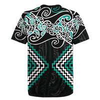 Turquoise Aotearoa Tukutuku Manawa Tapu Rugby Jersey Ta Moko Toi Maori