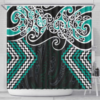 Turquoise Aotearoa Tukutuku Manawa Tapu Shower Curtain Ta Moko Toi Maori