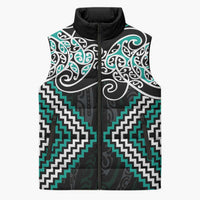 Turquoise Aotearoa Tukutuku Manawa Tapu Sleeveless Puffer Jacket Ta Moko Toi Maori - Polynesian Pride