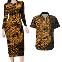 Gold Couple Dolphins Maori Polynesian Style Couples Matching Long Sleeve Bodycon Dress and Hawaiian Shirt