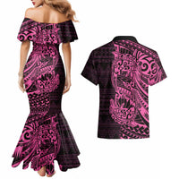 Pink Couple Dolphins Maori Polynesian Style Couples Matching Mermaid Dress and Hawaiian Shirt