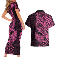 Pink Couple Dolphins Maori Polynesian Style Couples Matching Short Sleeve Bodycon Dress and Hawaiian Shirt
