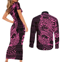 Pink Couple Dolphins Maori Polynesian Style Couples Matching Short Sleeve Bodycon Dress and Long Sleeve Button Shirt