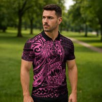Pink Couple Dolphins Maori Polynesian Style Zipper Polo Shirt - Polynesian Pride