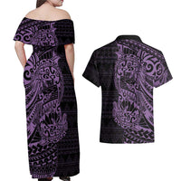 Purple Couple Dolphins Maori Polynesian Style Couples Matching Off Shoulder Maxi Dress and Hawaiian Shirt