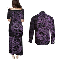Purple Couple Dolphins Maori Polynesian Style Couples Matching Puletasi and Long Sleeve Button Shirt