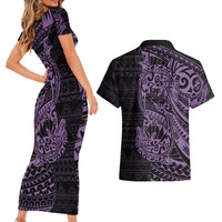 Purple Couple Dolphins Maori Polynesian Style Couples Matching Short Sleeve Bodycon Dress and Hawaiian Shirt