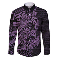 Purple Couple Dolphins Maori Polynesian Style Family Matching Off The Shoulder Long Sleeve Dress and Hawaiian Shirt