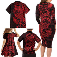 Red Couple Dolphins Maori Polynesian Style Family Matching Long Sleeve Bodycon Dress and Hawaiian Shirt
