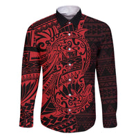 Red Couple Dolphins Maori Polynesian Style Family Matching Off The Shoulder Long Sleeve Dress and Hawaiian Shirt