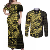 Yellow Couple Dolphins Maori Polynesian Style Couples Matching Off Shoulder Maxi Dress and Long Sleeve Button Shirt LT9 Yellow - Polynesian Pride