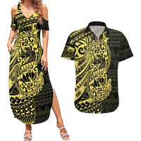 Yellow Couple Dolphins Maori Polynesian Style Couples Matching Summer Maxi Dress and Hawaiian Shirt