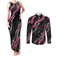 Guam Bougainvillea Lei Couples Matching Tank Maxi Dress and Long Sleeve Button Shirt Chamorro Tribal Pattern