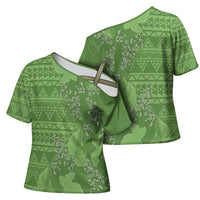 Hawaii Molokai Island Kukui Nut Flowers Cross Shoulder Shirt Tribal Kakau Pattern - Polynesian Pride