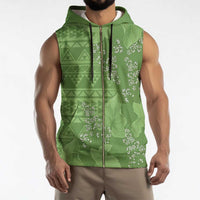 Hawaii Molokai Island Kukui Nut Flowers Sleeveless Zip Hoodie Tribal Kakau Pattern - Polynesian Pride