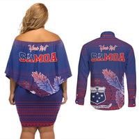Custom Samoa 1962 Independence Day Custom Couples Matching Off Shoulder Short Dress and Long Sleeve Button Shirt Manuia le Aso Tuto'atasi Ula Nifo Blue Art LT9 - Polynesian Pride