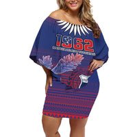 Custom Samoa 1962 Independence Day Custom Off Shoulder Short Dress Manuia le Aso Tuto'atasi Ula Nifo Blue Art LT9 Women Blue - Polynesian Pride