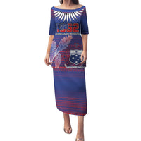 Custom Samoa 1962 Independence Day Custom Puletasi Manuia le Aso Tuto'atasi Ula Nifo Blue Art LT9 Long Dress Blue - Polynesian Pride