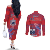 Custom Samoa 1962 Independence Day Custom Couples Matching Off The Shoulder Long Sleeve Dress and Long Sleeve Button Shirt Manuia le Aso Tuto'atasi Ula Nifo Red Art