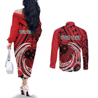 Custom Samoa Manuia le 62 Tausaga O le Tuto’atasi Couples Matching Off The Shoulder Long Sleeve Dress and Long Sleeve Button Shirt Samoan Tatau Red Art
