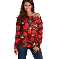 (Custom Text And Number) Tonga Rugby Off Shoulder Sweater Polynesian Style With Hibiscus LT9 Women Red - Polynesian Pride