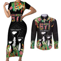 671 Guam Personalised Couples Matching Short Sleeve Bodycon Dress and Long Sleeve Button Shirt Latte Stone and Tropical Flowers
