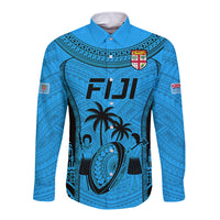Fiji Rugby Long Sleeve Button Shirt Go Champions World Cup 2023 Tapa Unique Blue Vibe LT9 Unisex Blue - Polynesian Pride