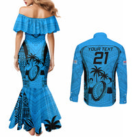 Custom Fiji Rugby Couples Matching Mermaid Dress and Long Sleeve Button Shirts Go Champions World Cup 2023 Tapa Unique Blue Vibe LT9 - Polynesian Pride