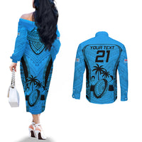 Custom Fiji Rugby Couples Matching Off The Shoulder Long Sleeve Dress and Long Sleeve Button Shirts Go Champions World Cup 2023 Tapa Unique Blue Vibe LT9 - Polynesian Pride