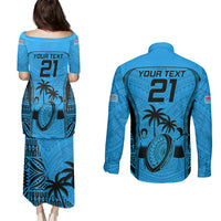 Custom Fiji Rugby Couples Matching Puletasi Dress and Long Sleeve Button Shirts Go Champions World Cup 2023 Tapa Unique Blue Vibe LT9 - Polynesian Pride