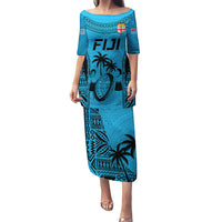 Custom Fiji Rugby Puletasi Go Champions World Cup 2023 Tapa Unique Blue Vibe LT9 Long Dress Blue - Polynesian Pride