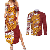 Couple Dolphins Maori Motif Couples Matching Summer Maxi Dress and Long Sleeve Button Shirt - Polynesian Pride