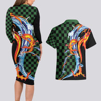 Japanese Asanoha Pattern Couples Matching Long Sleeve Bodycon Dress and Hawaiian Shirt Sun Flame Slayer Dragon Hinokami Kagura Spirit - Polynesian Pride