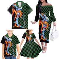 Japanese Asanoha Pattern Family Matching Off The Shoulder Long Sleeve Dress and Hawaiian Shirt Sun Flame Slayer Dragon Hinokami Kagura Spirit - Polynesian Pride