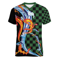 Japanese Asanoha Pattern Women V-Neck T-Shirt Sun Flame Slayer Dragon Hinokami Kagura Spirit - Polynesian Pride