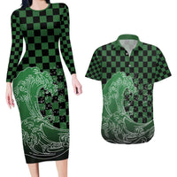Japanese Asanoha Pattern Couples Matching Long Sleeve Bodycon Dress and Hawaiian Shirt Water Breathing Slayer Dragon - Polynesian Pride