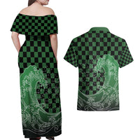 Japanese Asanoha Pattern Couples Matching Off Shoulder Maxi Dress and Hawaiian Shirt Water Breathing Slayer Dragon - Polynesian Pride