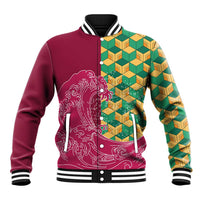 Japanese Bishamon-Kikkou Pattern Baseball Jacket Water Pillar Silent River Flow LT9 Unisex Burgundy - Polynesian Pride