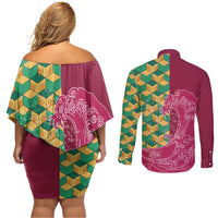 Japanese Bishamon-Kikkou Pattern Couples Matching Off Shoulder Short Dress and Long Sleeve Button Shirt Water Pillar Silent River Flow LT9 - Polynesian Pride