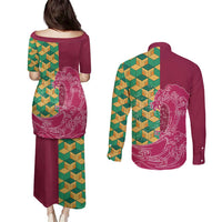 Japanese Bishamon-Kikkou Pattern Couples Matching Puletasi and Long Sleeve Button Shirt Water Pillar Silent River Flow LT9 - Polynesian Pride