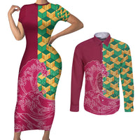 Japanese Bishamon-Kikkou Pattern Couples Matching Short Sleeve Bodycon Dress and Long Sleeve Button Shirt Water Pillar Silent River Flow LT9 Burgundy - Polynesian Pride