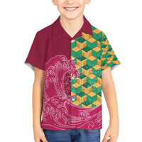 Japanese Bishamon-Kikkou Pattern Family Matching Off The Shoulder Long Sleeve Dress and Hawaiian Shirt Water Pillar Silent River Flow - Polynesian Pride