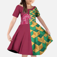 Japanese Bishamon-Kikkou Pattern Kid Short Sleeve Dress Water Pillar Silent River Flow LT9 KID Burgundy - Polynesian Pride