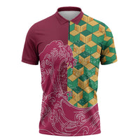 Japanese Bishamon-Kikkou Pattern Zipper Polo Shirt Water Pillar Silent River Flow LT9 Burgundy - Polynesian Pride