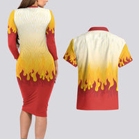 Japanese Kaen Pattern Couples Matching Long Sleeve Bodycon Dress and Hawaiian Shirt Flame Pillar Blazing Lion Heart - Polynesian Pride