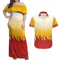 Japanese Kaen Pattern Couples Matching Off Shoulder Maxi Dress and Hawaiian Shirt Flame Pillar Blazing Lion Heart - Polynesian Pride
