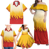 Japanese Kaen Pattern Family Matching Off Shoulder Maxi Dress and Hawaiian Shirt Flame Pillar Blazing Lion Heart - Polynesian Pride