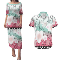 Japanese Kocho Pattern Couples Matching Puletasi and Hawaiian Shirt Insect Pillar Butterfly Flower Fairy - Polynesian Pride